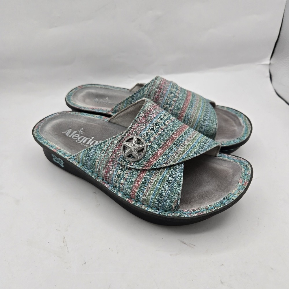 ALEGRIA Kylee Leather Printed Slide Sandals Seascape Starfish EU 37 US 6.5‎